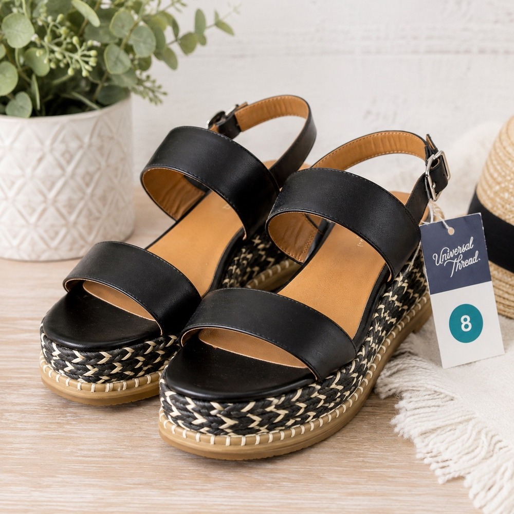 Universal Thread Black Woven Platform Wedge Sandals Womens 8 New